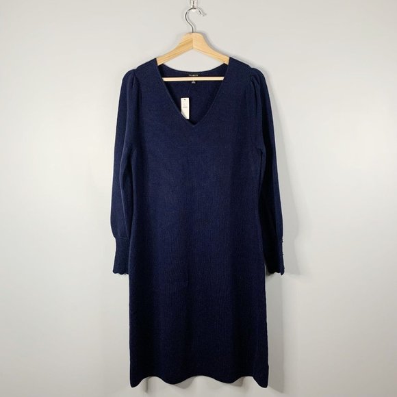 Talbots Women's 100% Merino Wool Knit V Neck Sweater Dress NWT Blue Shift Large - Picture 1 of 12